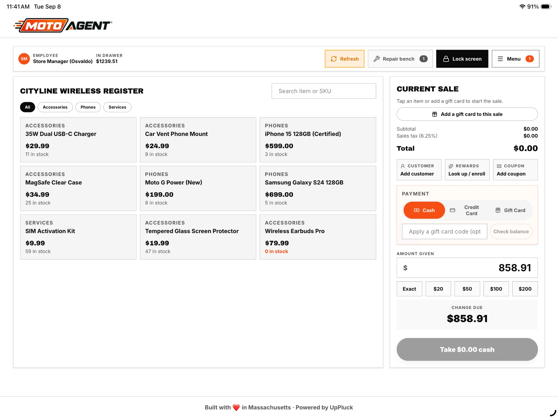 Moto Agent touchscreen register for wireless retail with product grid and payment panel