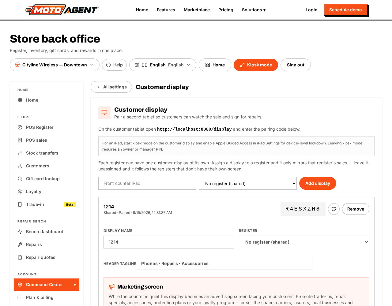 Customer display settings