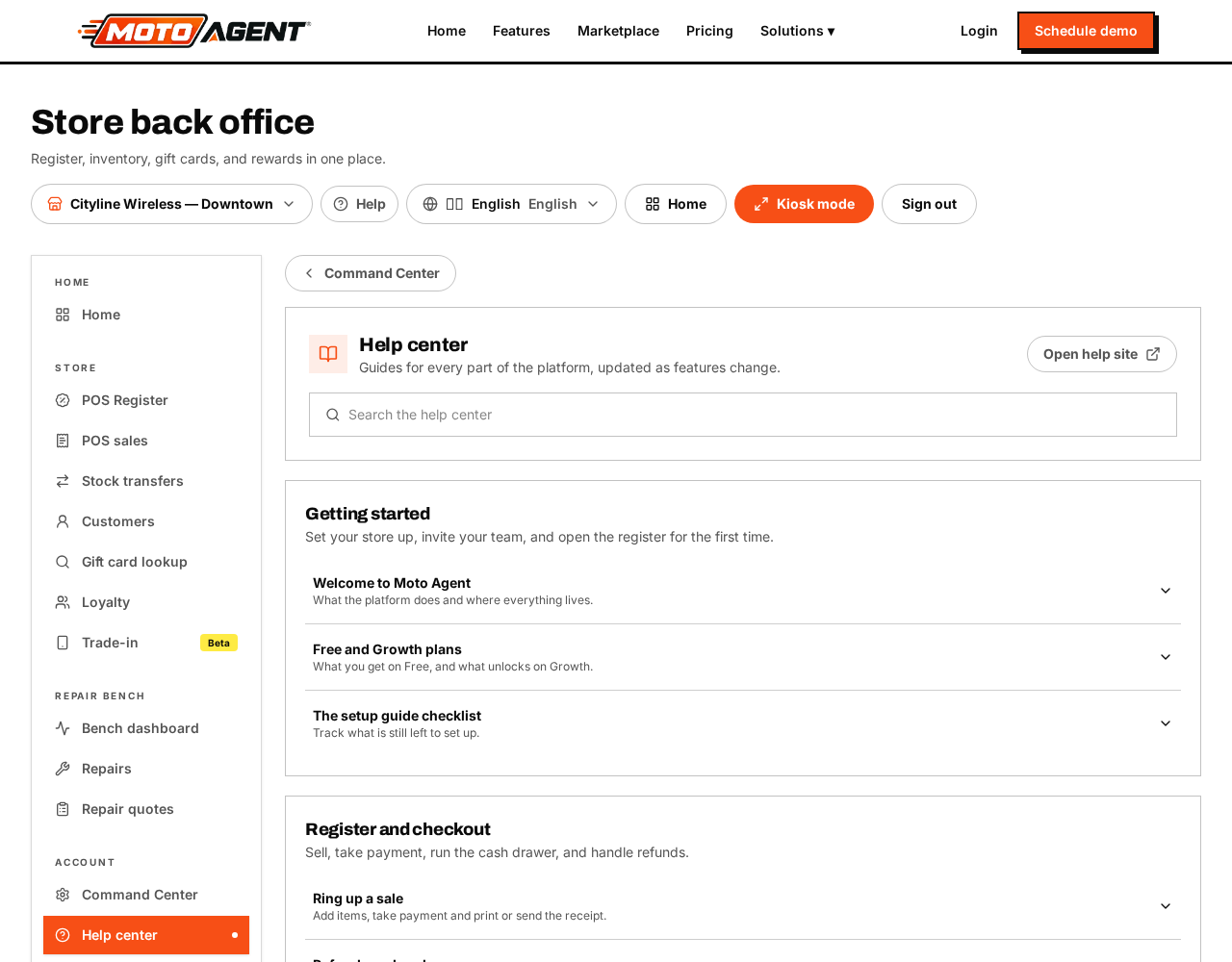 The Help center inside the app