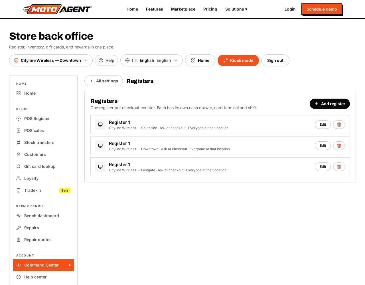 Registers under Command Center → Store